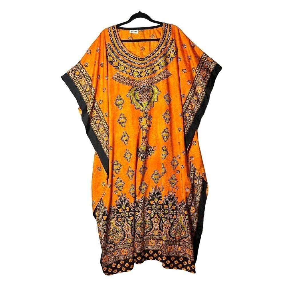 Sante Classics Kaftan Dress Women OS‎ Orange Paisley Kimono Duster Boho Cover Up